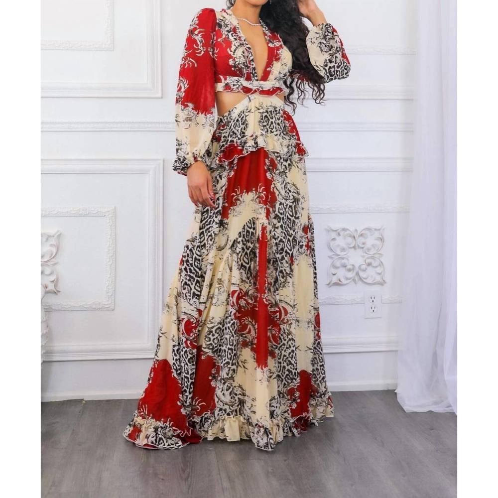 NEW SURELYMINE fantasy ruffles cut out laced back maxi dress in multi